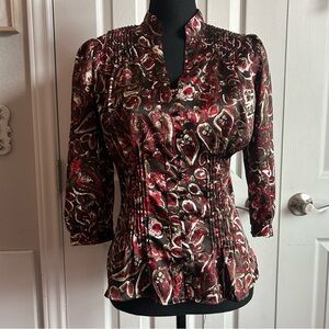 Belissimo brown and red satin short sleeve button down blouse